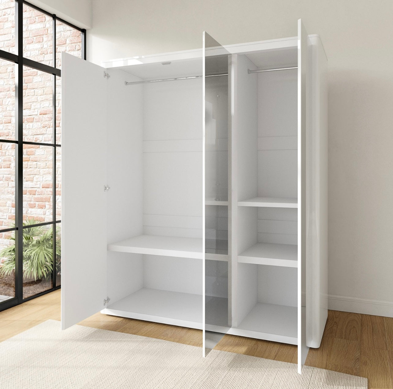 Triple Wardrobe Mirrored with Adjustable Shelves and Glass Doors