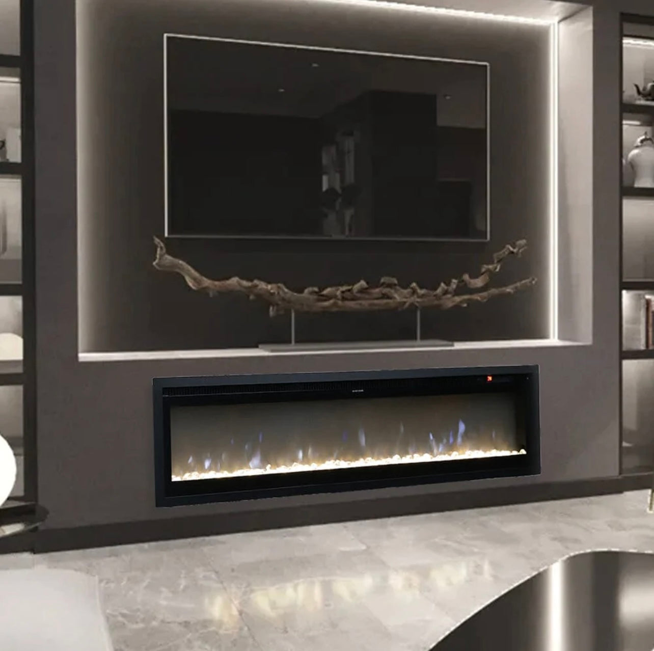 Electric Fire Black Media Wall Inset with LED Flames