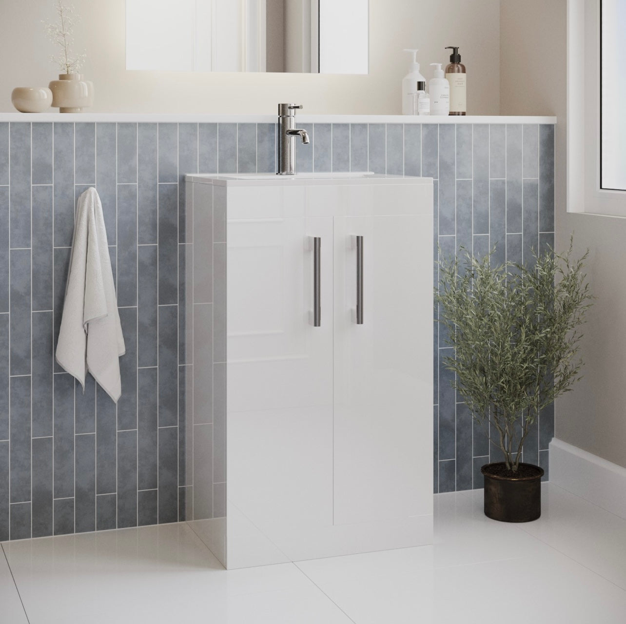 White Vanity Unit with Basin and Handles