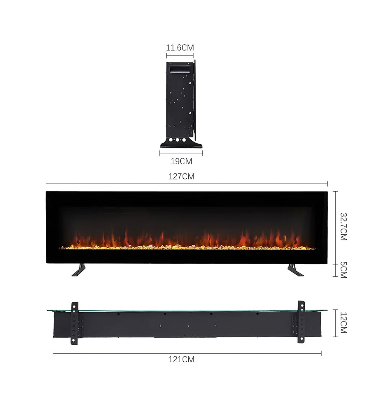 Electric Fire Black 50 Inch Wall Mounted with LED Flames