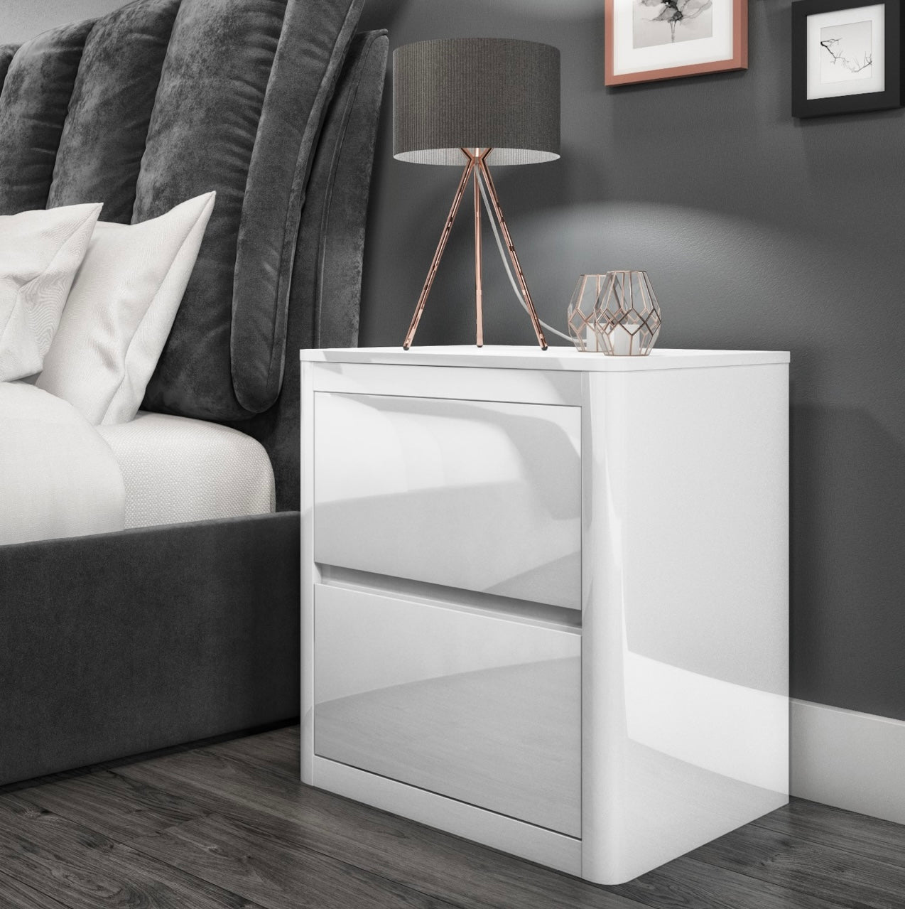 White Bedside Table with 2 Drawers and Curved Edges