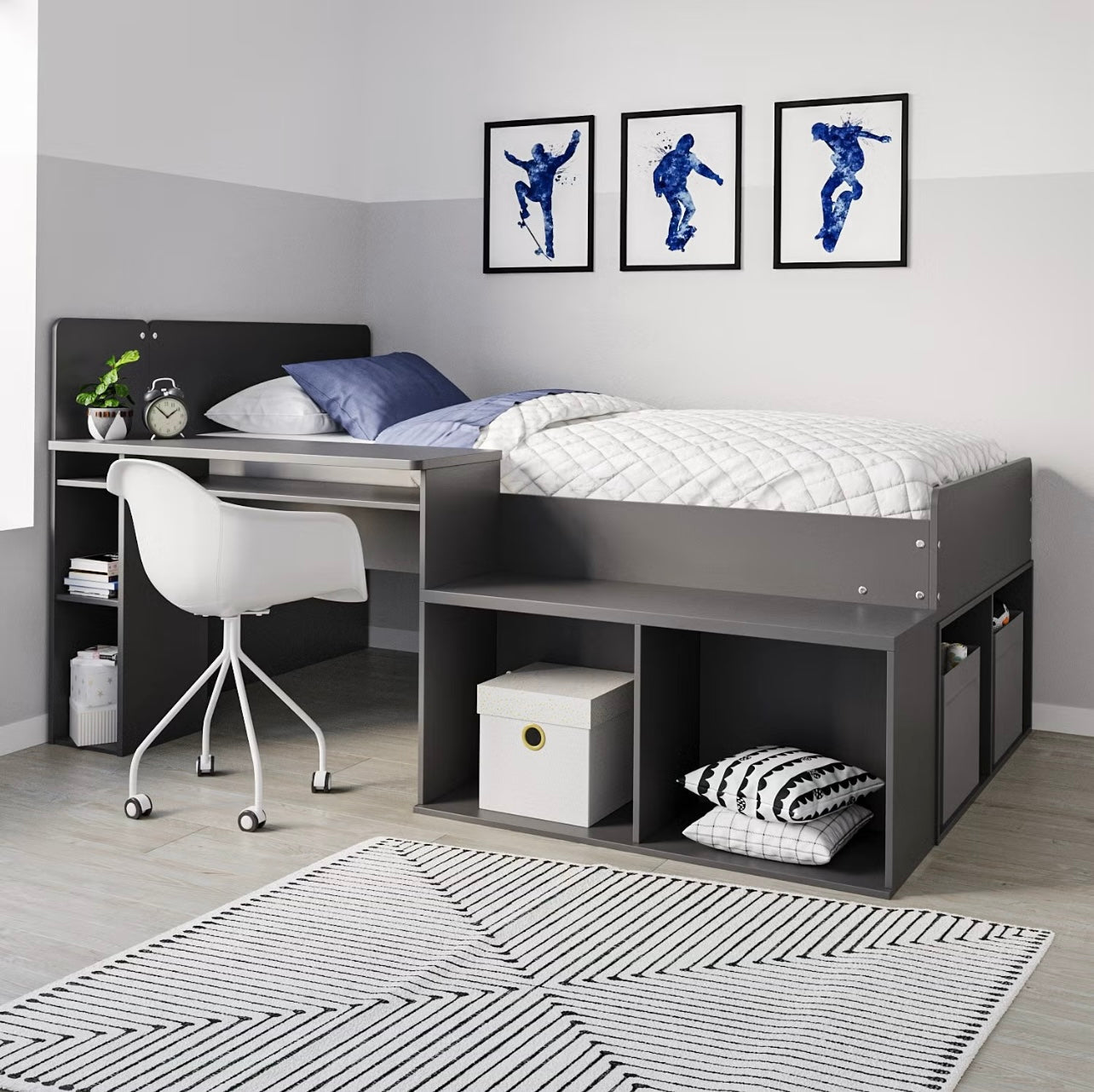 Mid Sleeper Bed with Shelves and Built in Desk