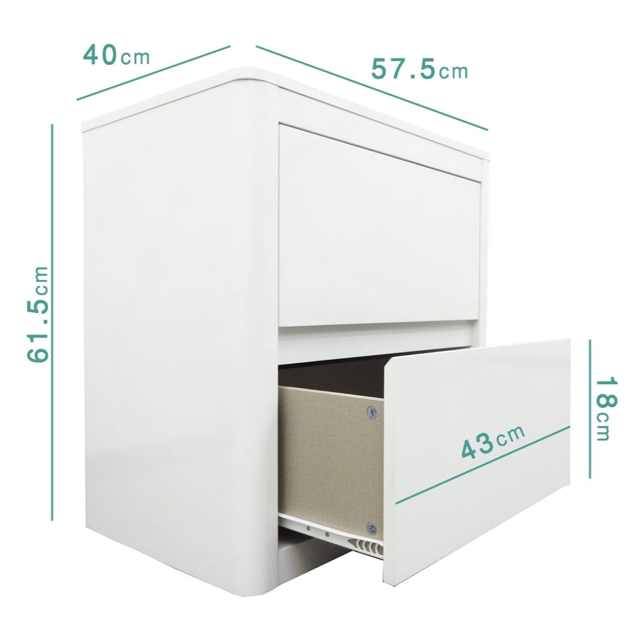 White Bedside Table with 2 Drawers and Curved Edges