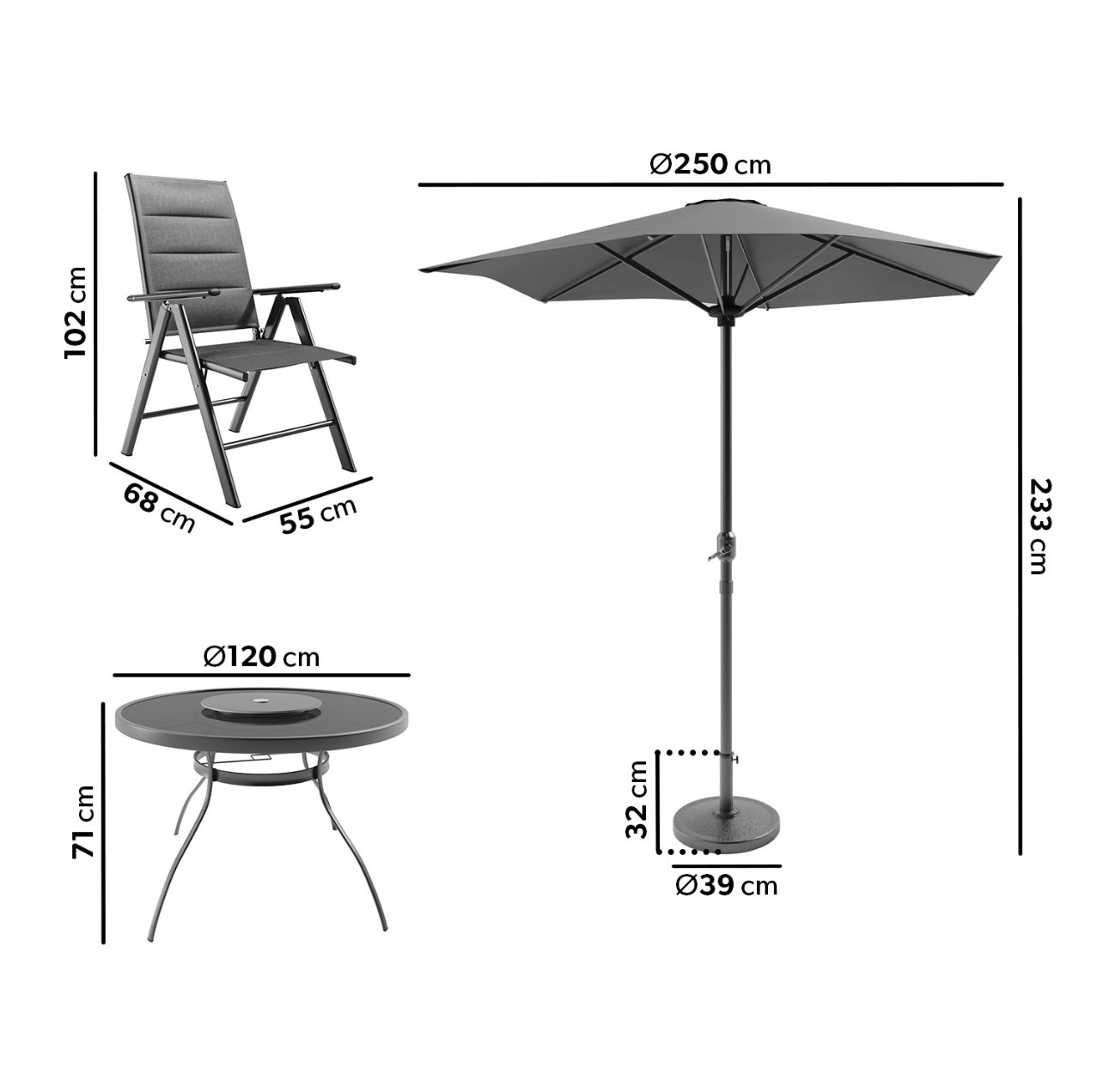 Garden Dining Set Grey with Reclining Chairs Outdoor Patio