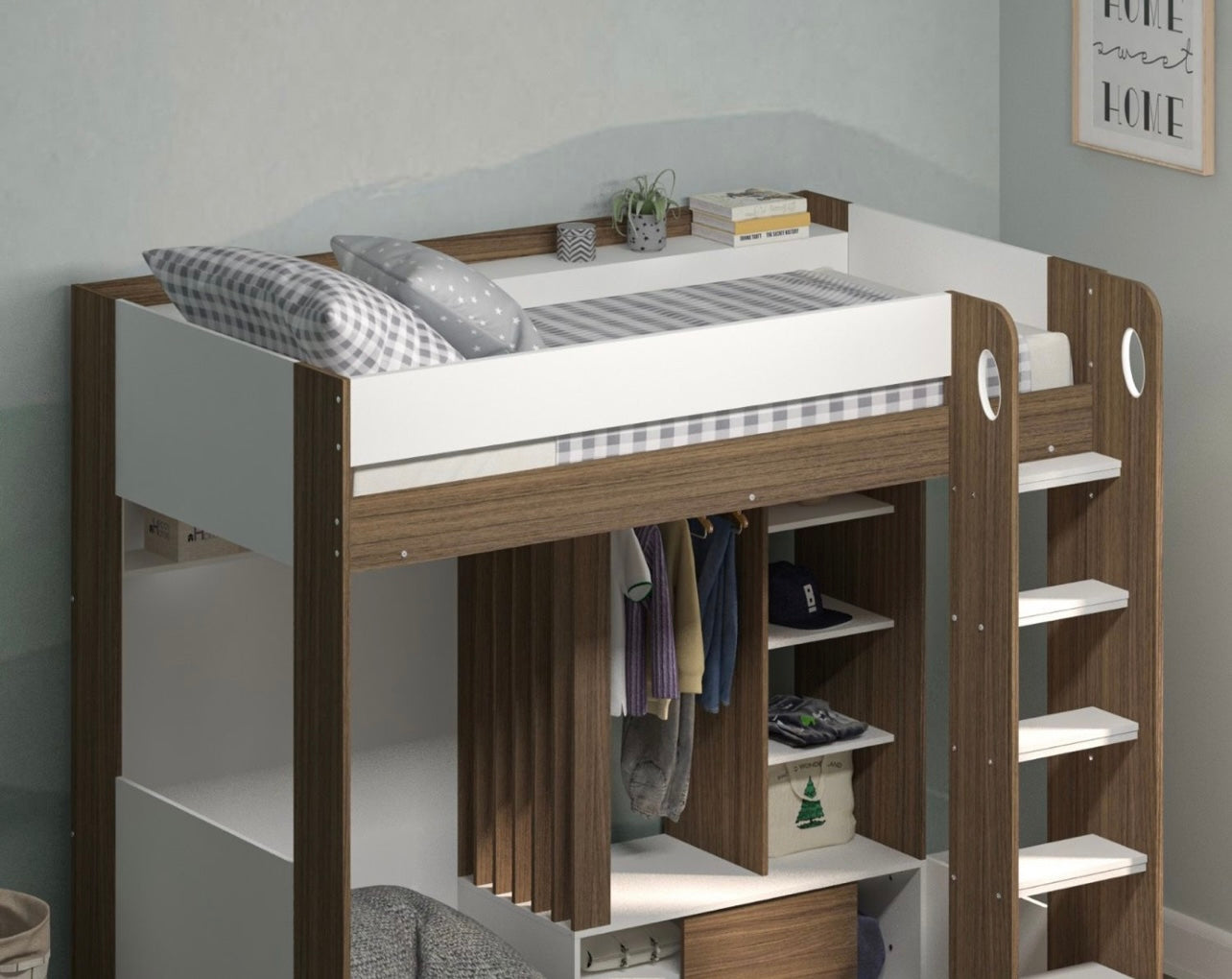 Kids High Sleeper Bed with Wardrobe and Storage