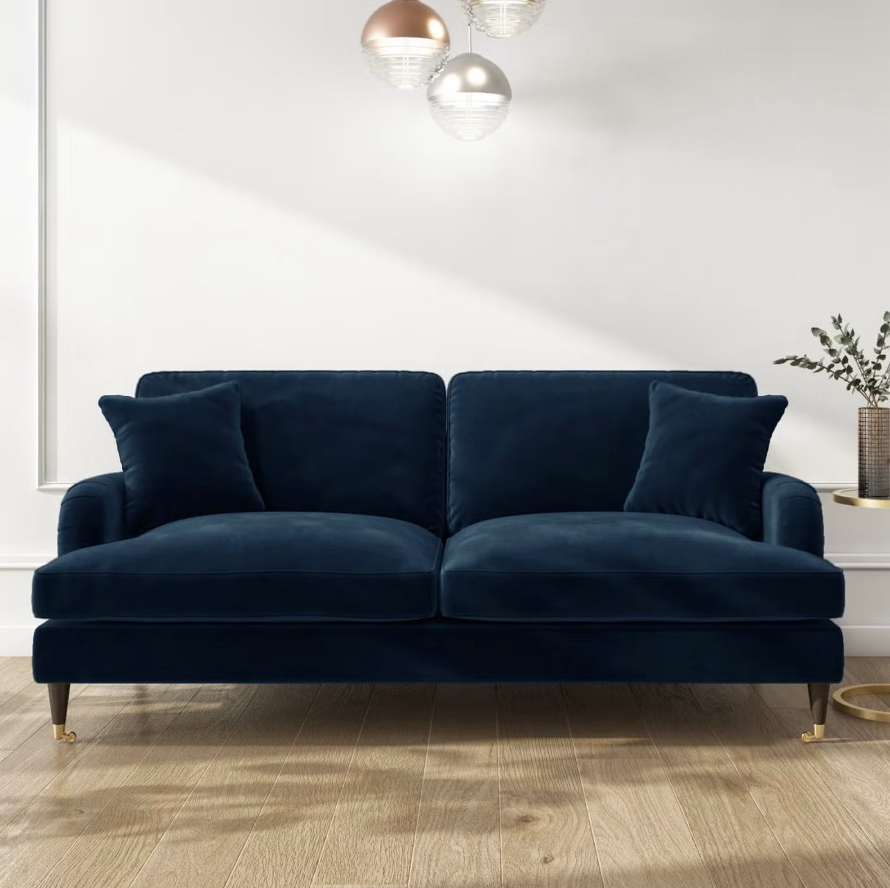 Velvet Sofa 3 Seater in Blue with Cushions