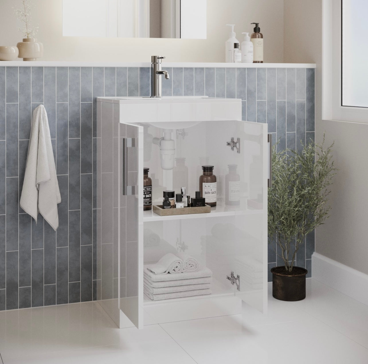 White Vanity Unit with Basin and Handles