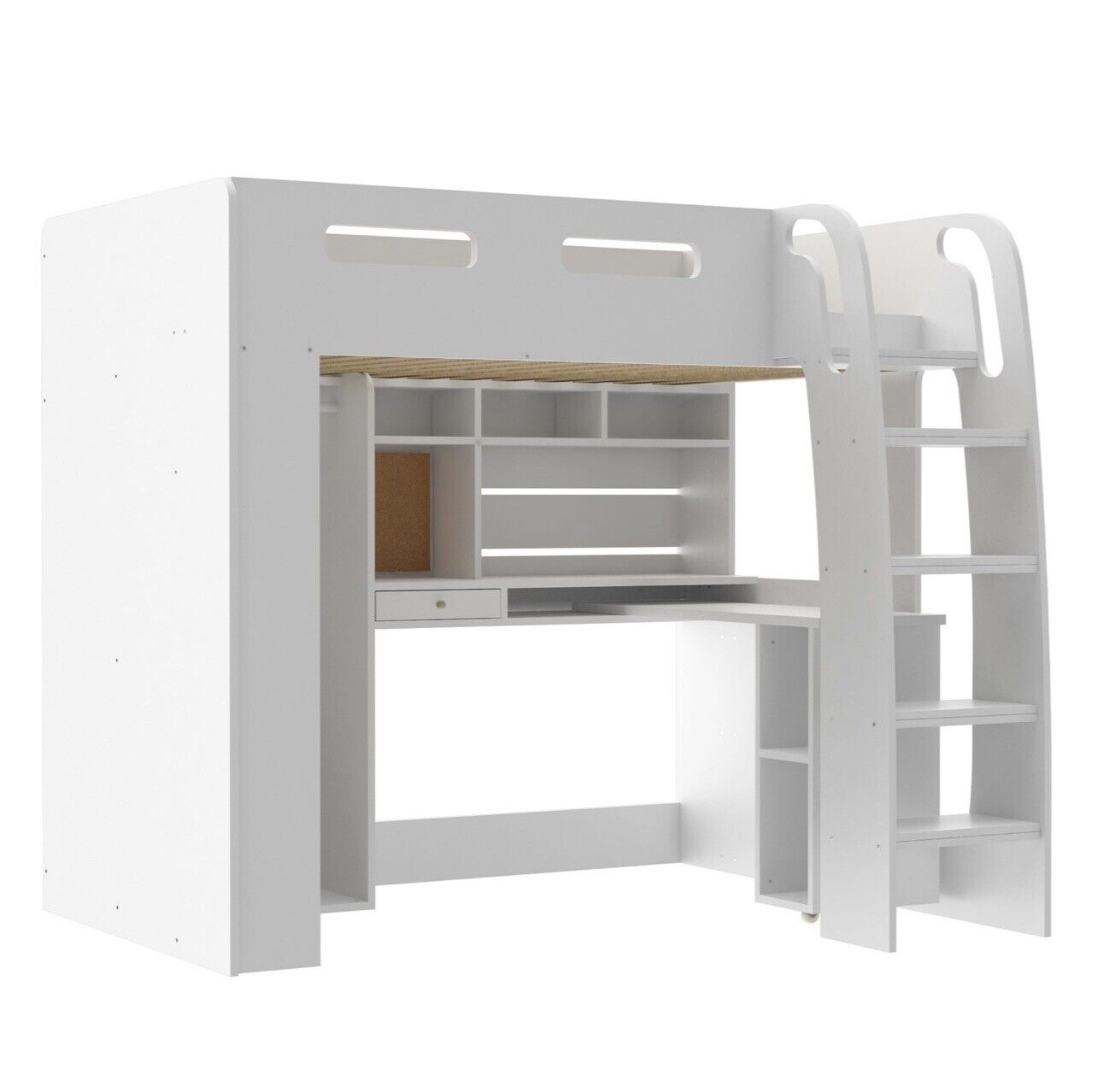 Kids High Sleeper Bed in White with Storage