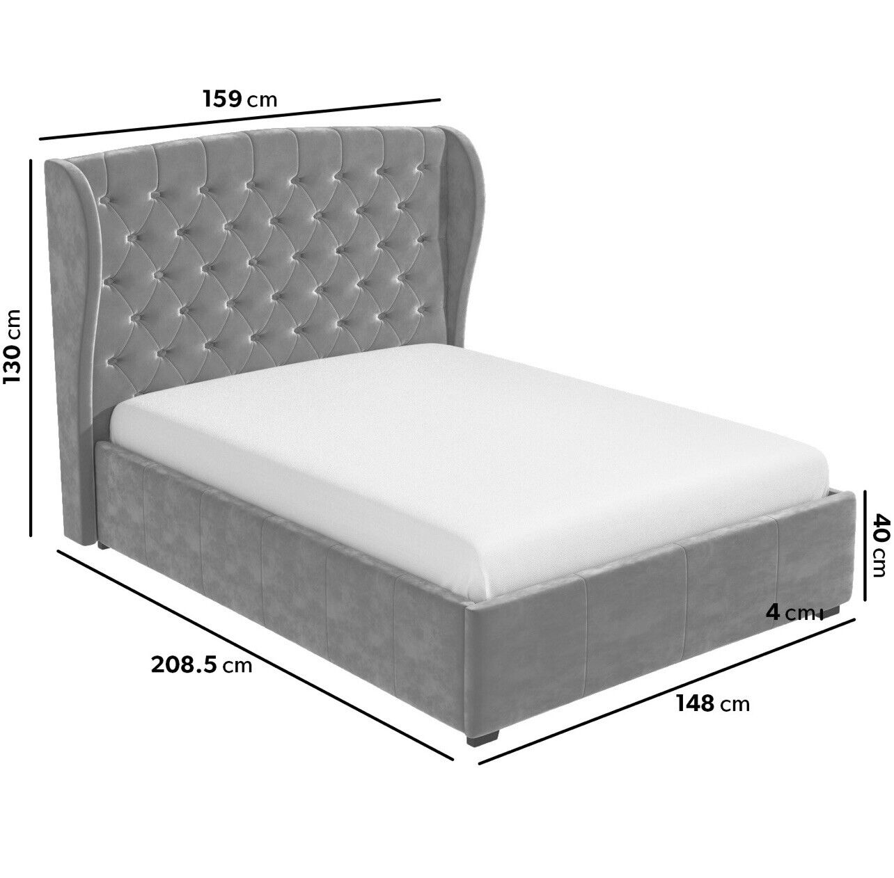 Velvet Double Bed in Grey with Storage
