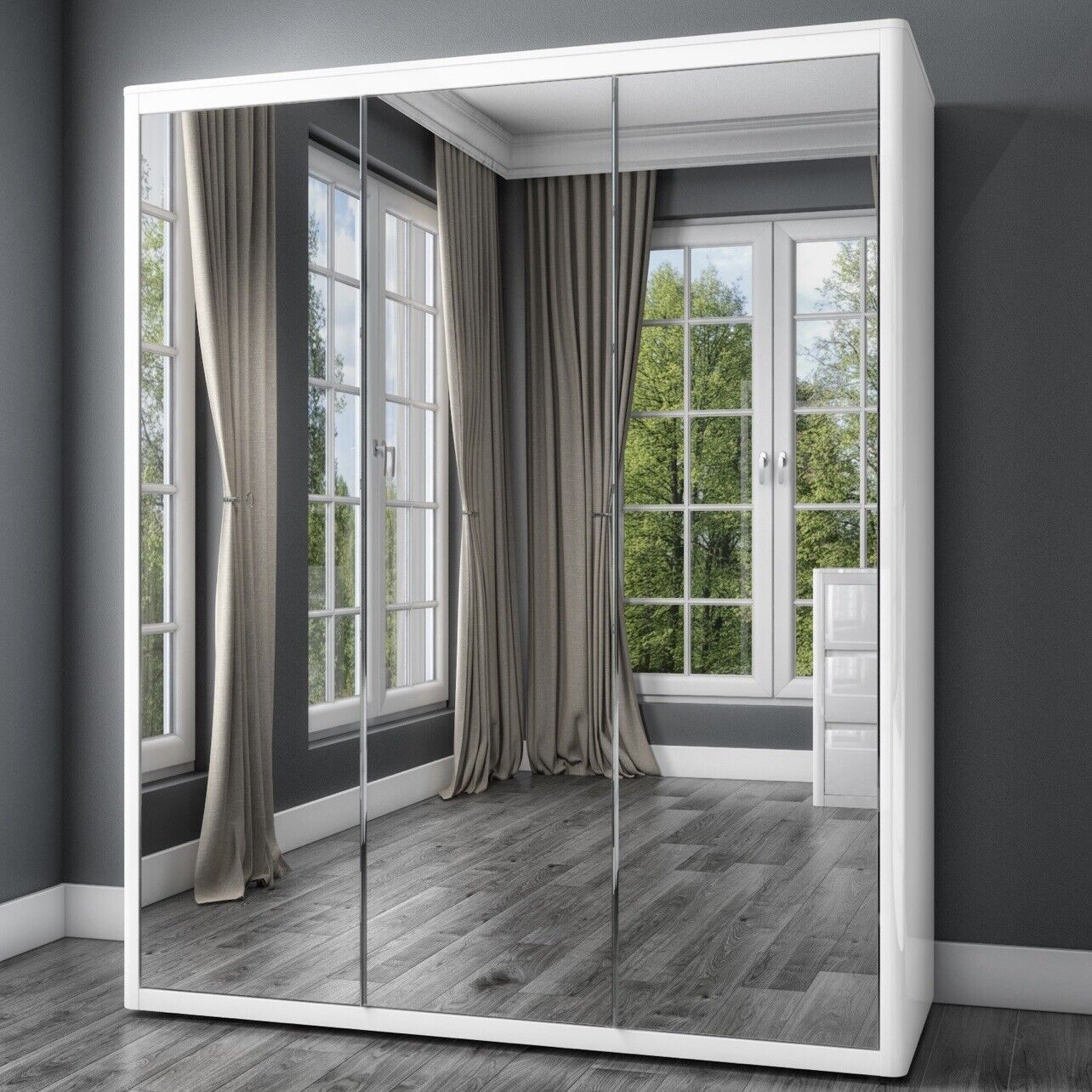 Triple Wardrobe Mirrored with Adjustable Shelves and Glass Doors