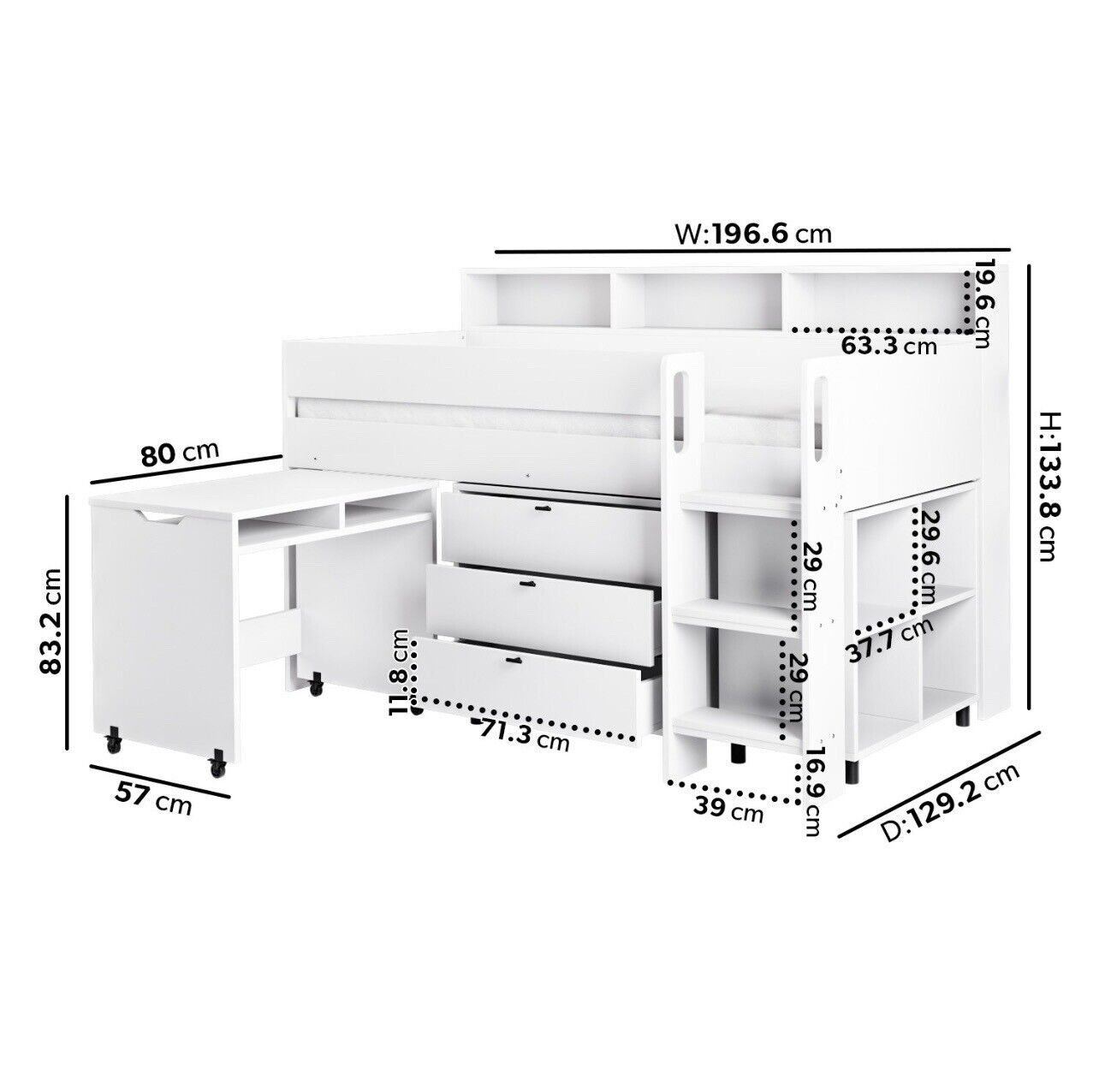 Cabin Bed Mid Sleeper with Drawers and Built in Desk