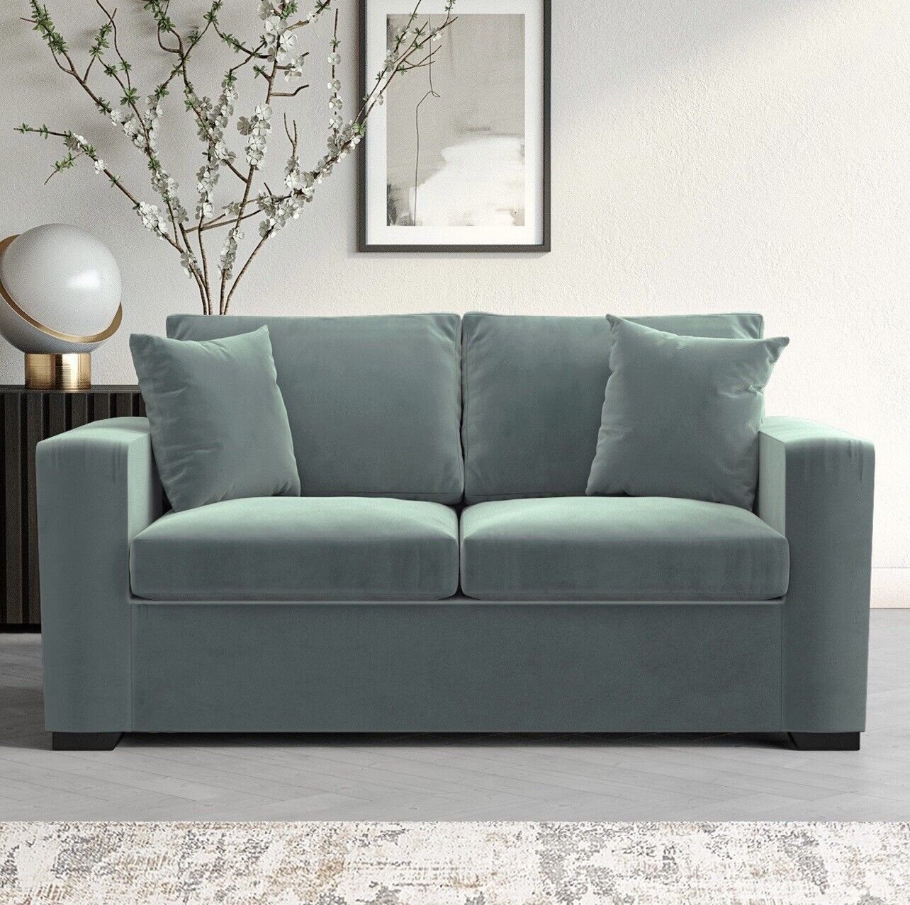 Green Sofa Bed 2 Seater in Velvet with Cushions