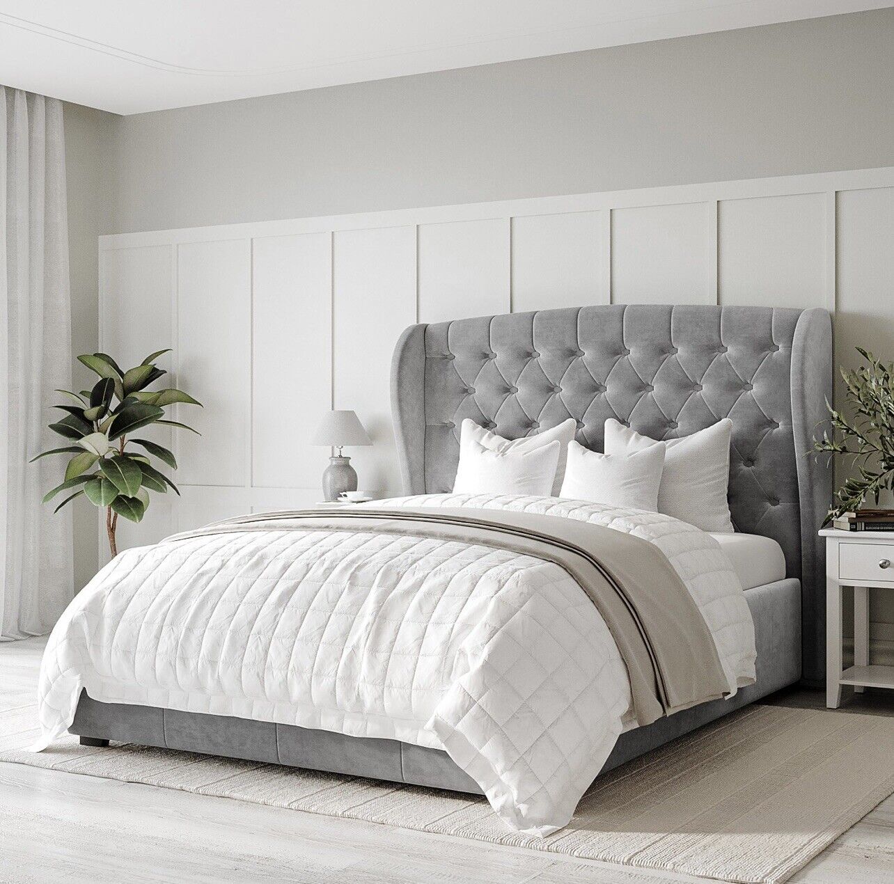 Velvet Double Bed in Grey with Storage
