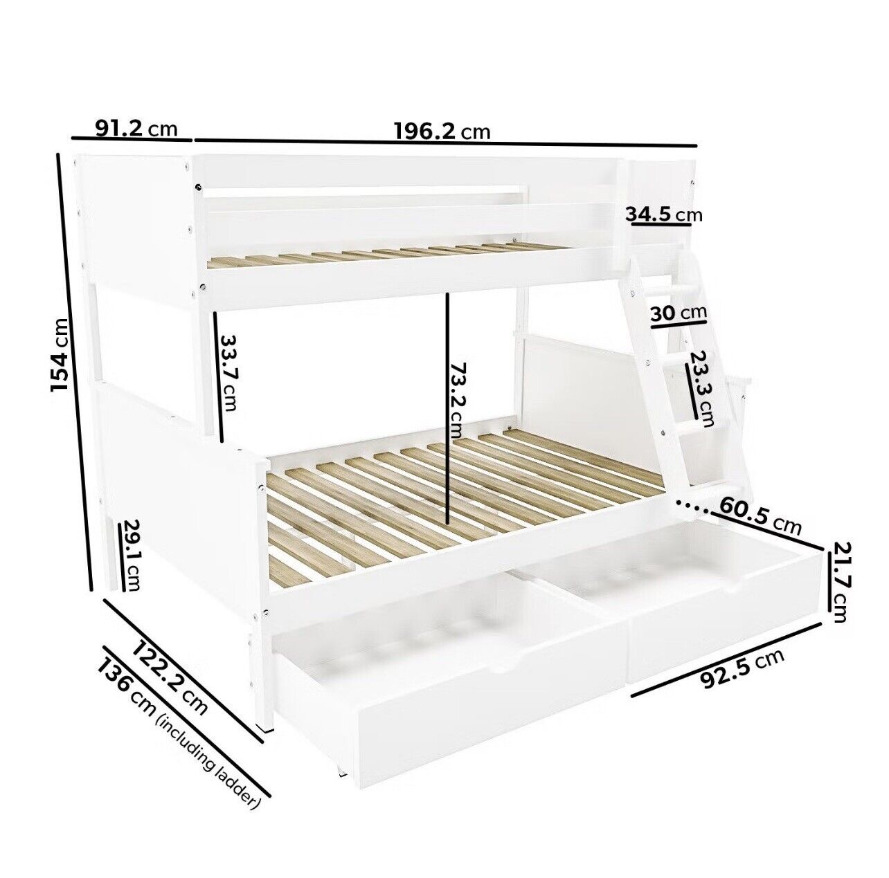 Kids Bunk Bed in White Sleeps 3 with Drawers