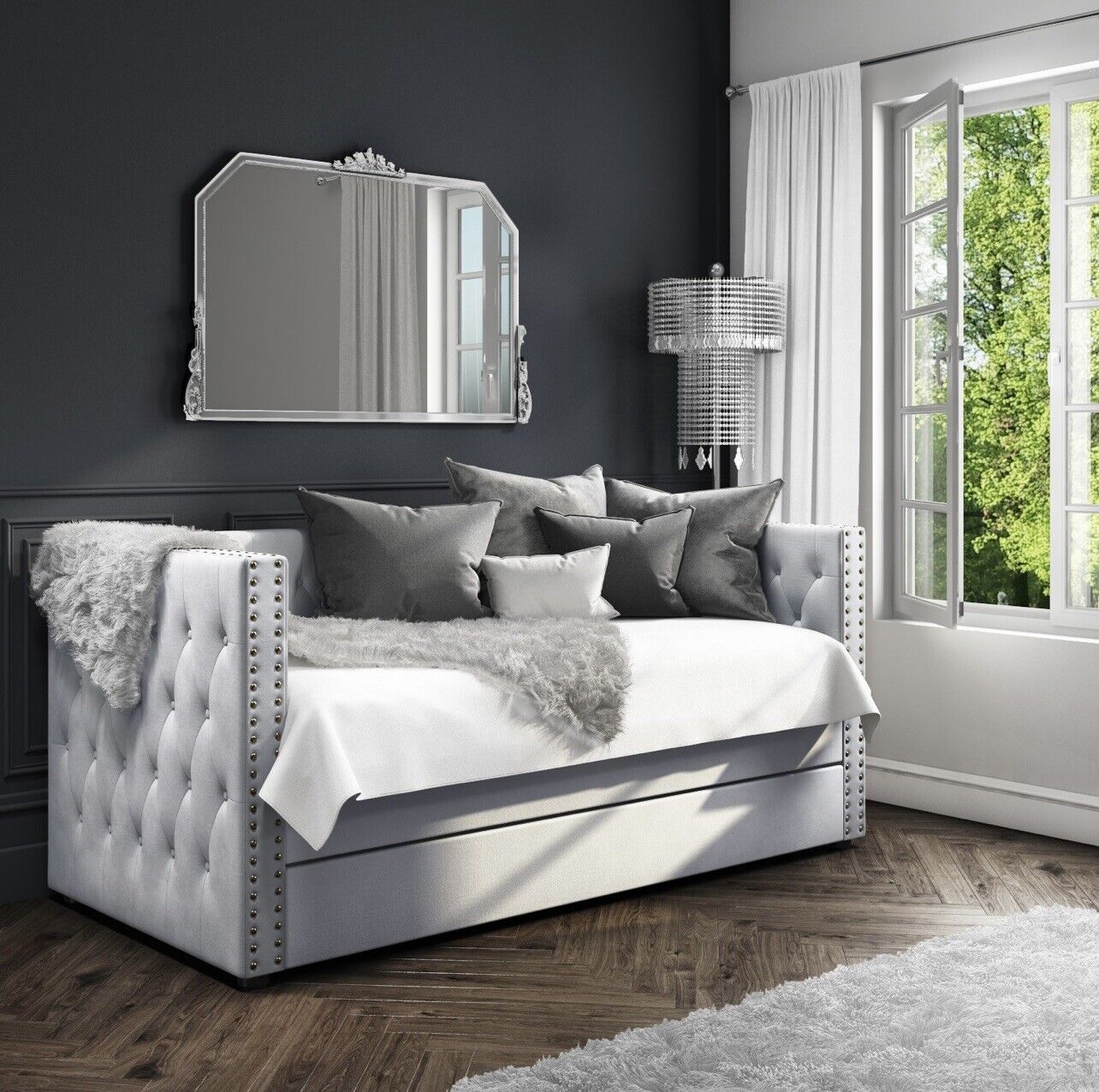 Grey Daybed and Sofa with Pull Out Trundle in Velvet