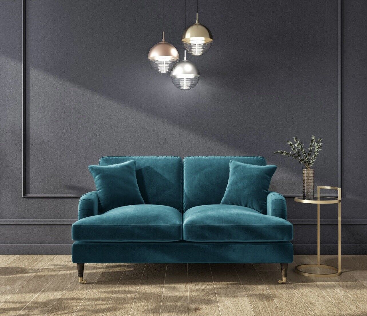 Velvet Sofa 2 Seater in Blue with Cushions