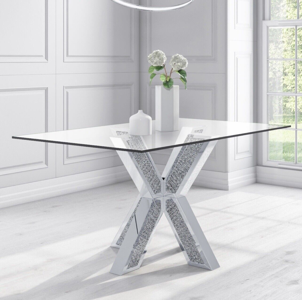 Glass Dining Table with Mirrored Glitter Legs