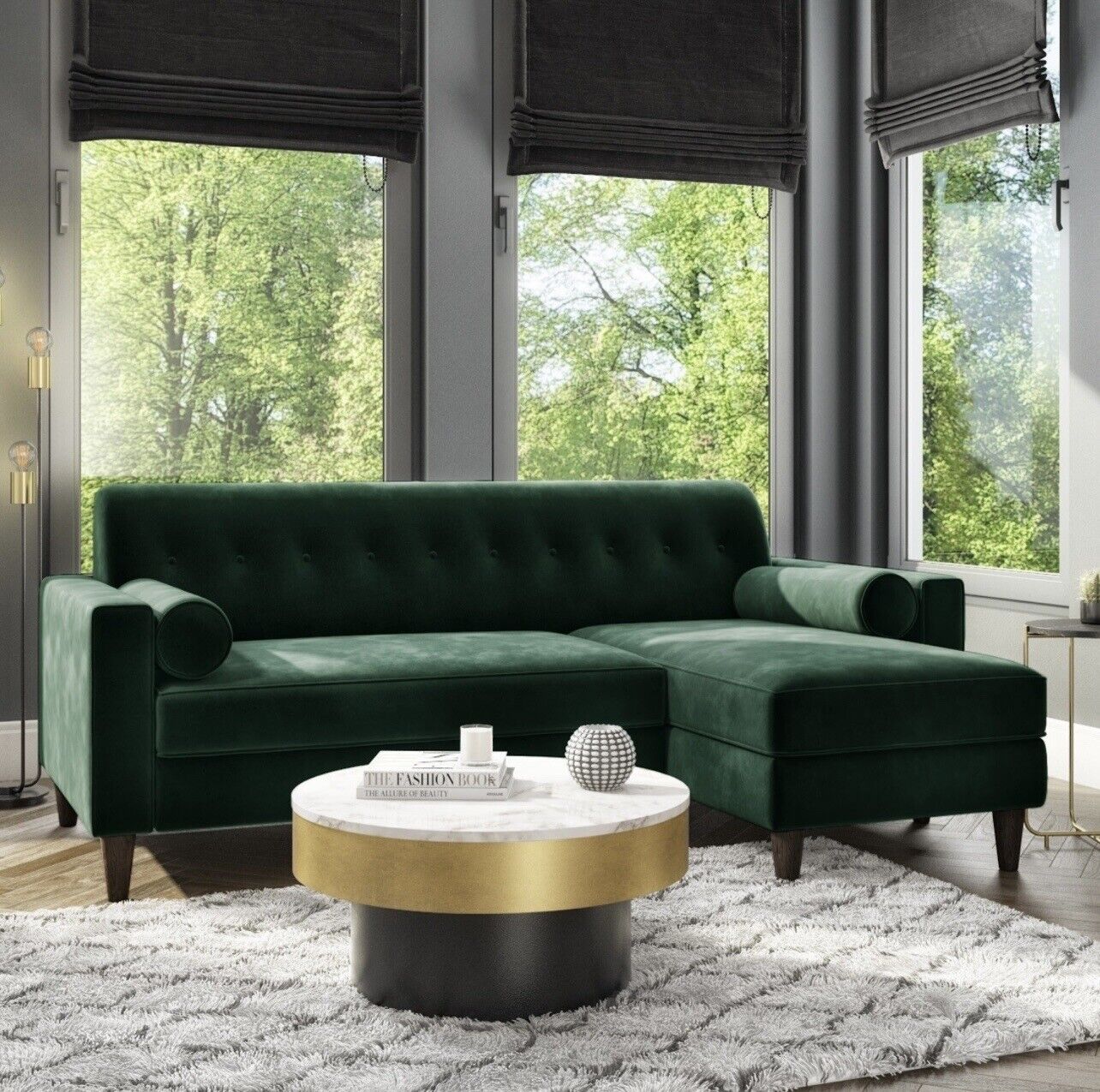 Velvet Corner Sofa in Green with Bolster Cushions