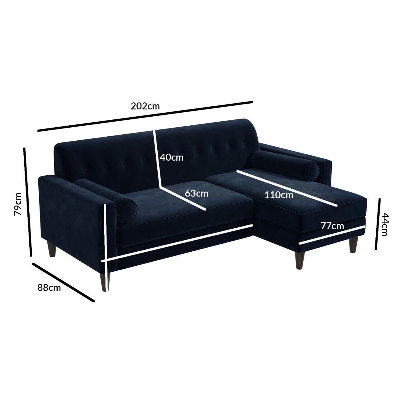 Velvet Corner Sofa in Blue with Bolster Cushions