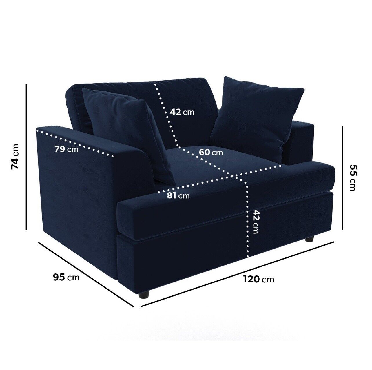 Velvet Loveseat Sofa 2 Seater in Blue with Cushions