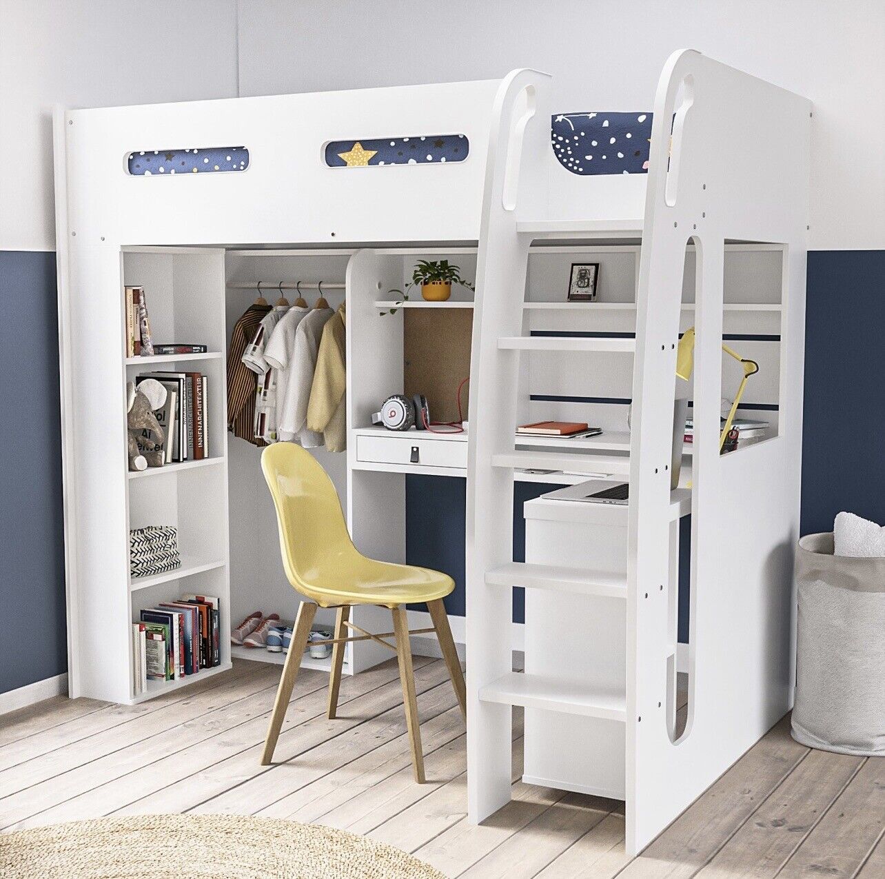 Kids High Sleeper Bed in White with Storage